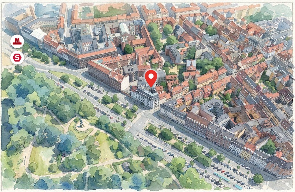 Kort over kvarteret omkring Stork Scan på Nørre Voldgade i København K
