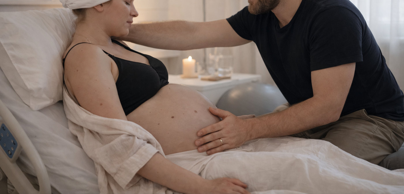 Partner støtter den fødende med en hånd på maven