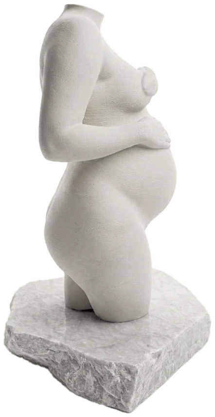 Stork Shape figur i Nordic Chalk på rå stenbase, set fra siden